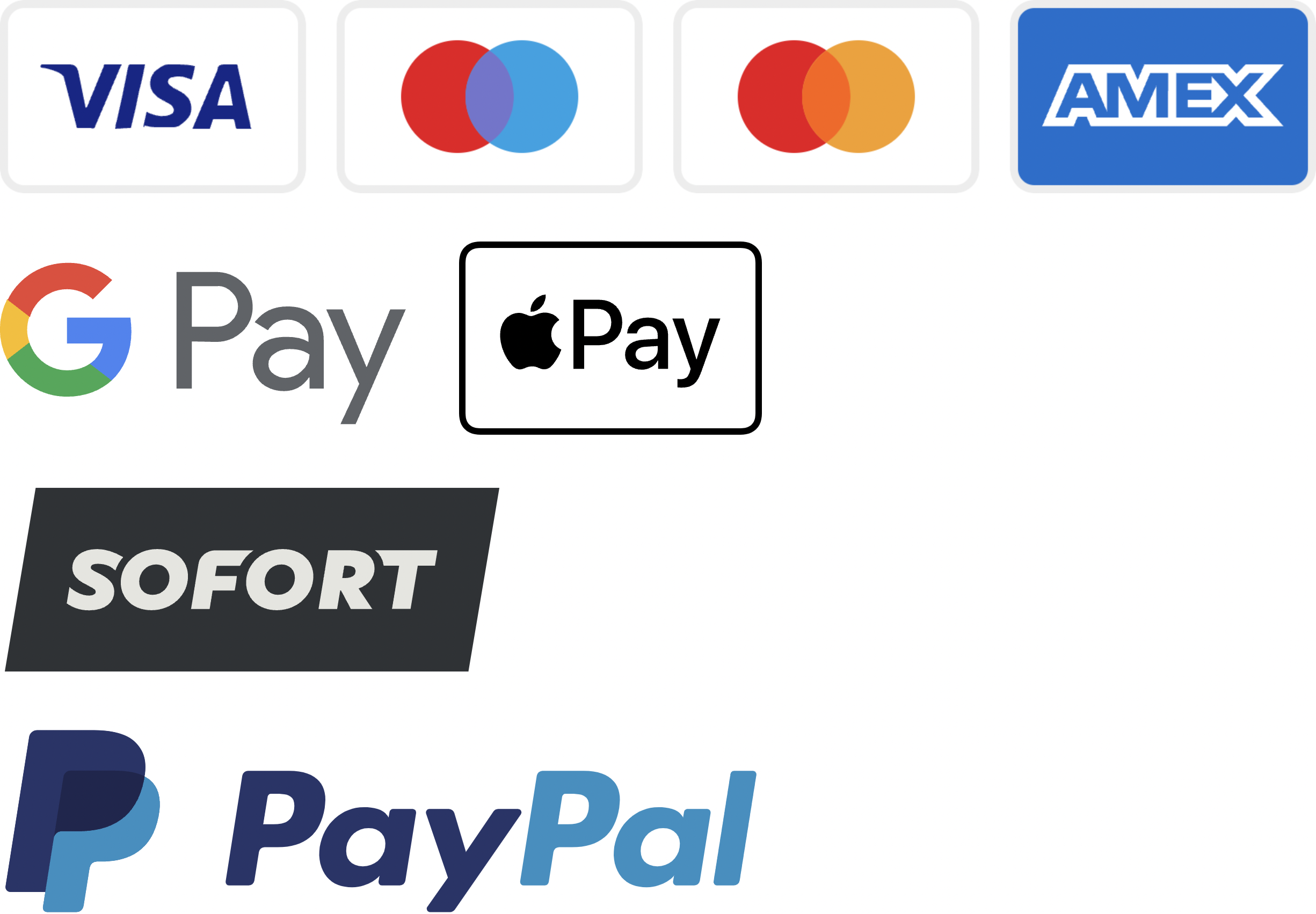 Überweisung, SEPA-Lastschrift, Kreditkarte, Google Pay, Apple Pay, SOFORT, PayPal